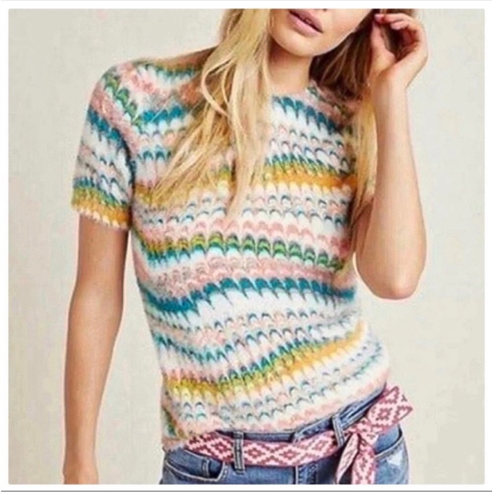 Anthropologie Fuzzy Marbled Short Sleeve Sweater Tee Size Small